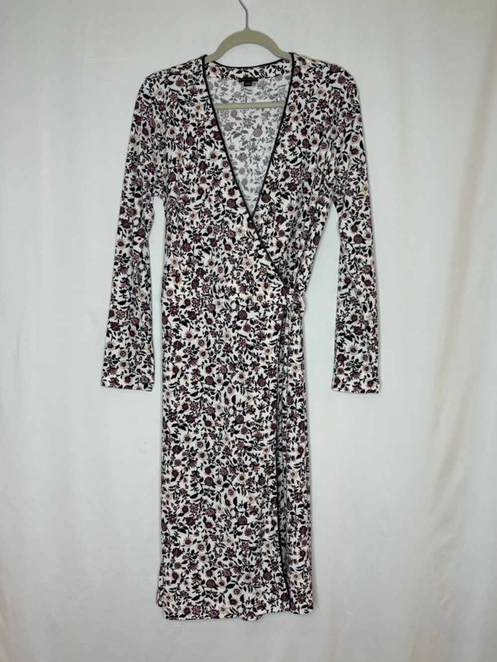 Ann Taylor White Floral Wrap Midi Dress with Burgundy Print